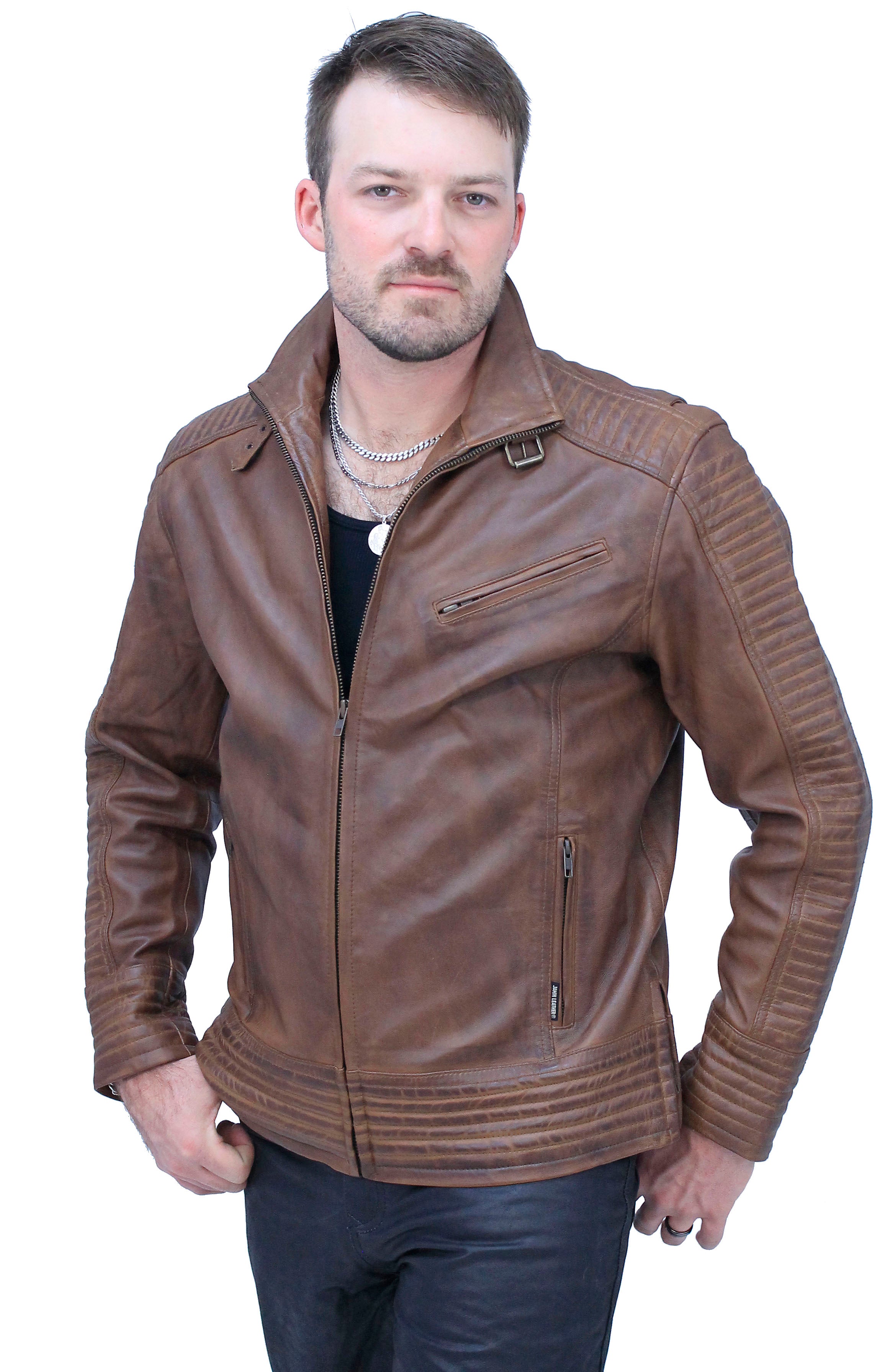Distressed Brown Leather Ribbed Trim Jacket Butterfly Collar
