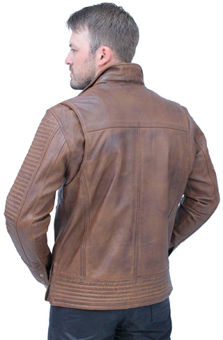 Distressed Brown Leather Ribbed Trim Jacket Butterfly Collar #MA1992GN