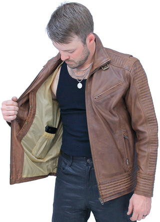 Distressed Brown Leather Ribbed Trim Jacket Butterfly Collar #MA1992GN