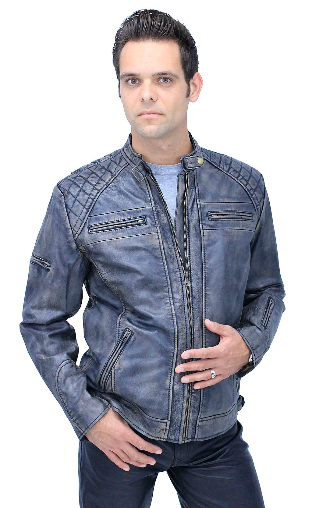 Taupe/Black Distressed Leather Vented Café Racer Jacket #MA2020VQGK