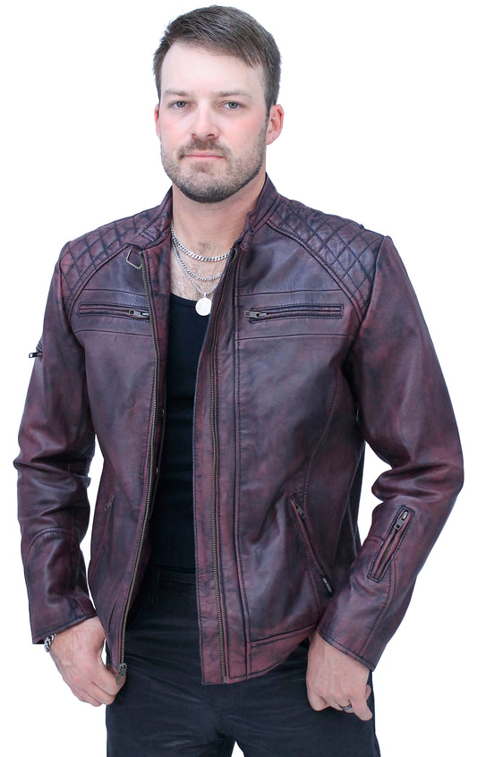 Burgundy Distressed Leather Vented Scooter Jacket CC Pockets #MA2021VQGR