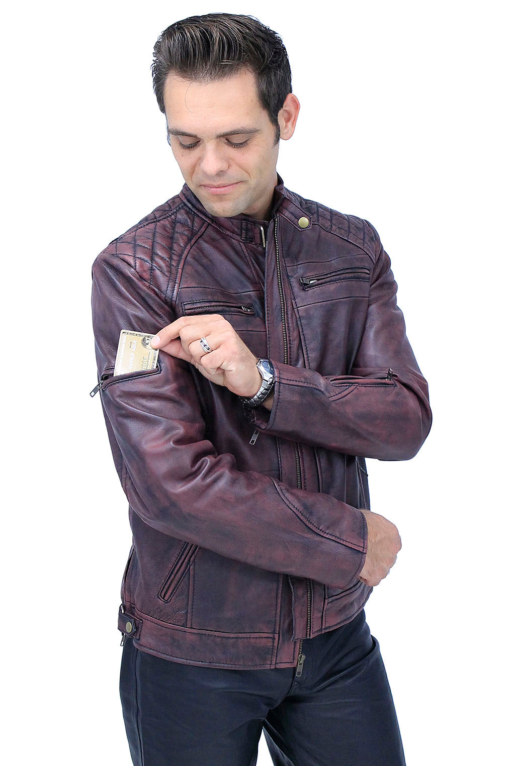 Burgundy Distressed Leather Vented Scooter Jacket CC Pockets #MA2021VQGR