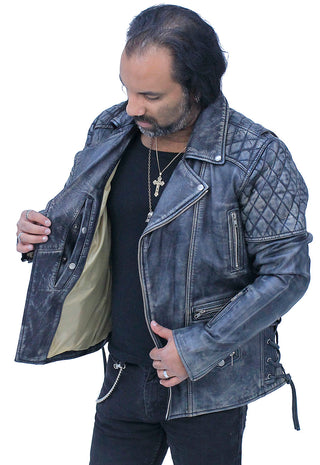 Quilted Taupe/Black Distressed Leather MC Jacket CC Pockets #MA2023QGK