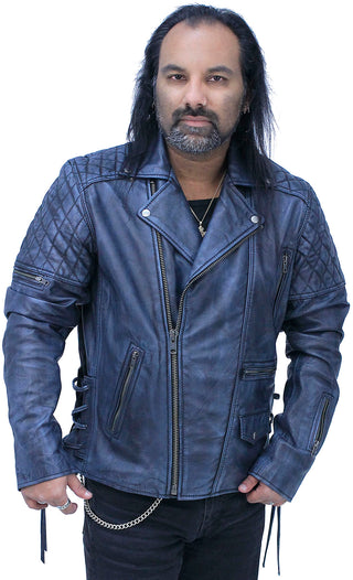 Quilted Blue Distressed Leather MC Jacket CC Pockets #MA2024QGU