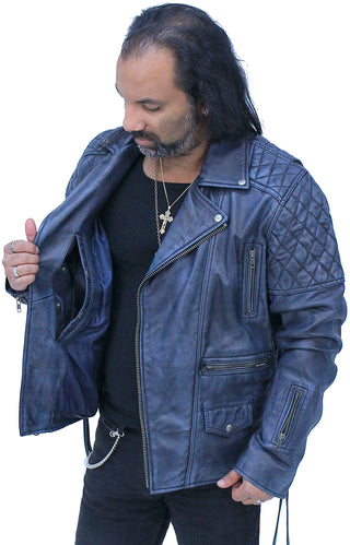 Quilted Blue Distressed Leather MC Jacket CC Pockets #MA2024QGU