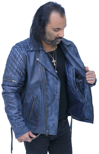 Quilted Blue Distressed Leather MC Jacket CC Pockets #MA2024QGU