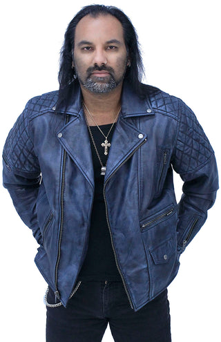 Quilted Blue Distressed Leather MC Jacket CC Pockets #MA2024QGU