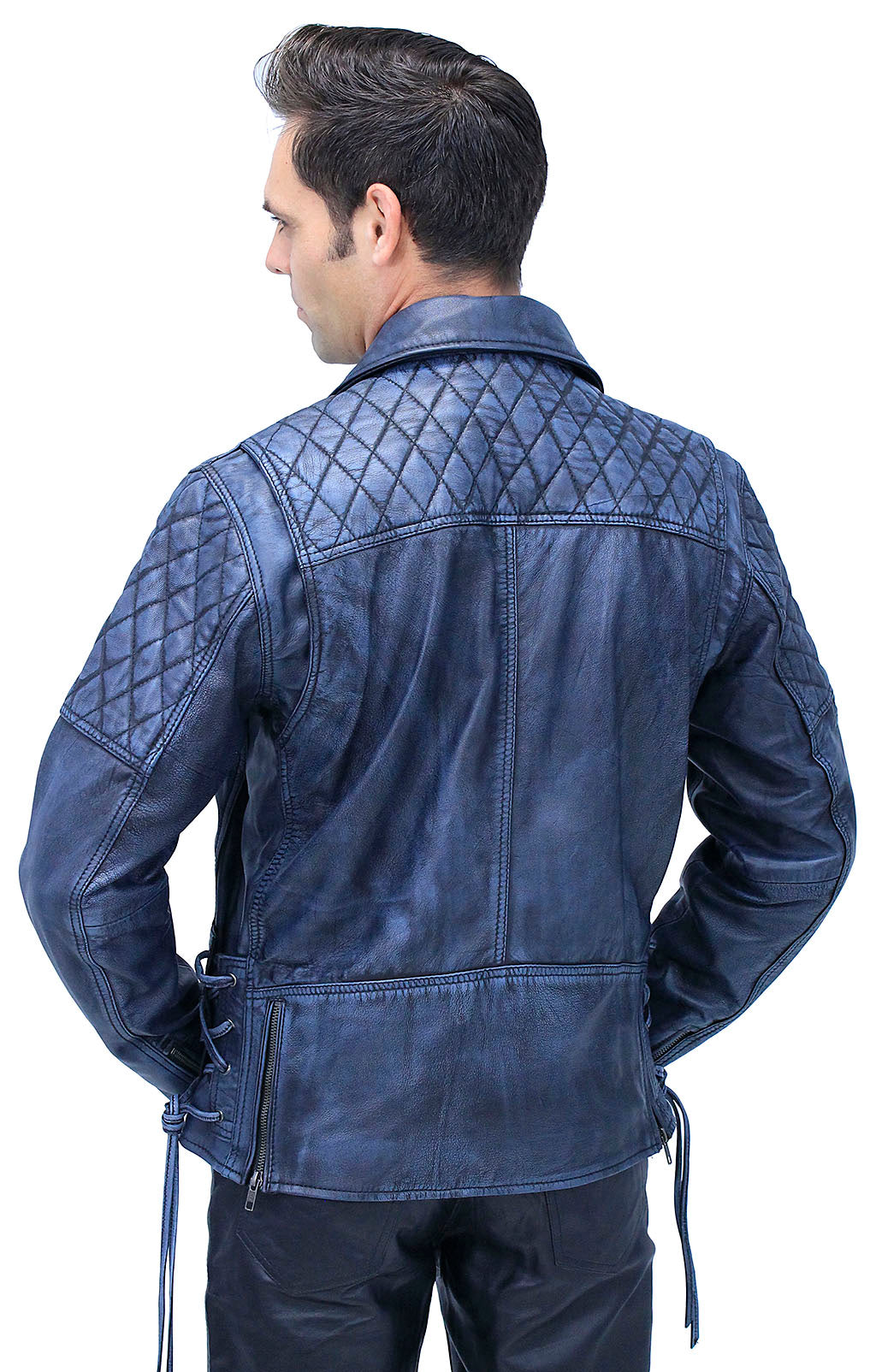 Quilted Blue Distressed Leather MC Jacket CC Pockets #MA2024QGU