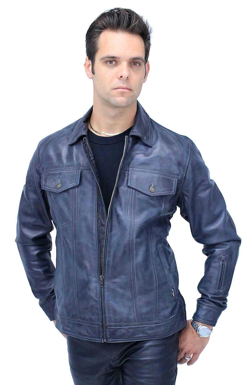 Men's Charcoal Gray Zip Front Leather Jean Jacket #MA241416GY