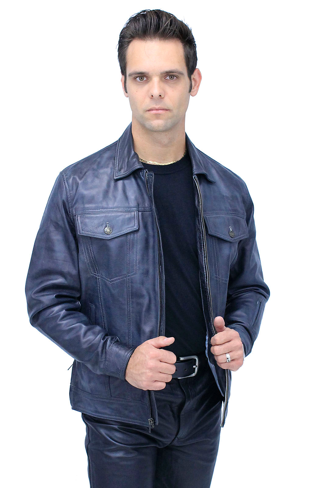 Men's Charcoal Gray Zip Front Leather Jean Jacket #MA241416GY