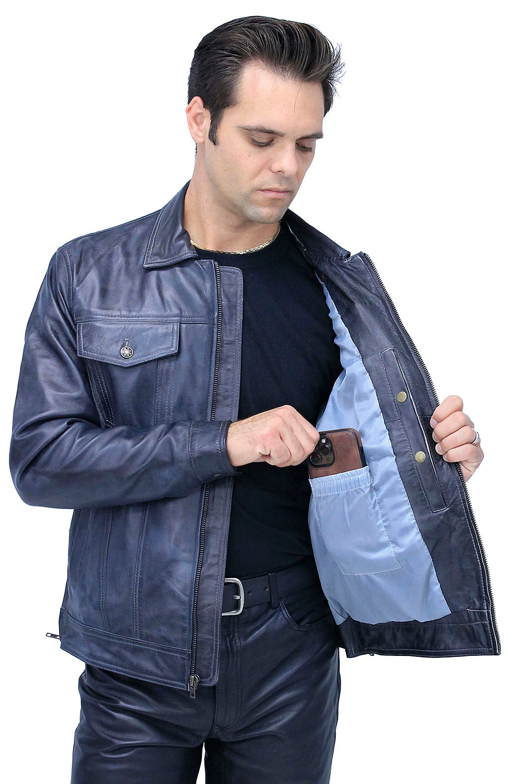 Men's Charcoal Gray Zip Front Leather Jean Jacket #MA241416GY