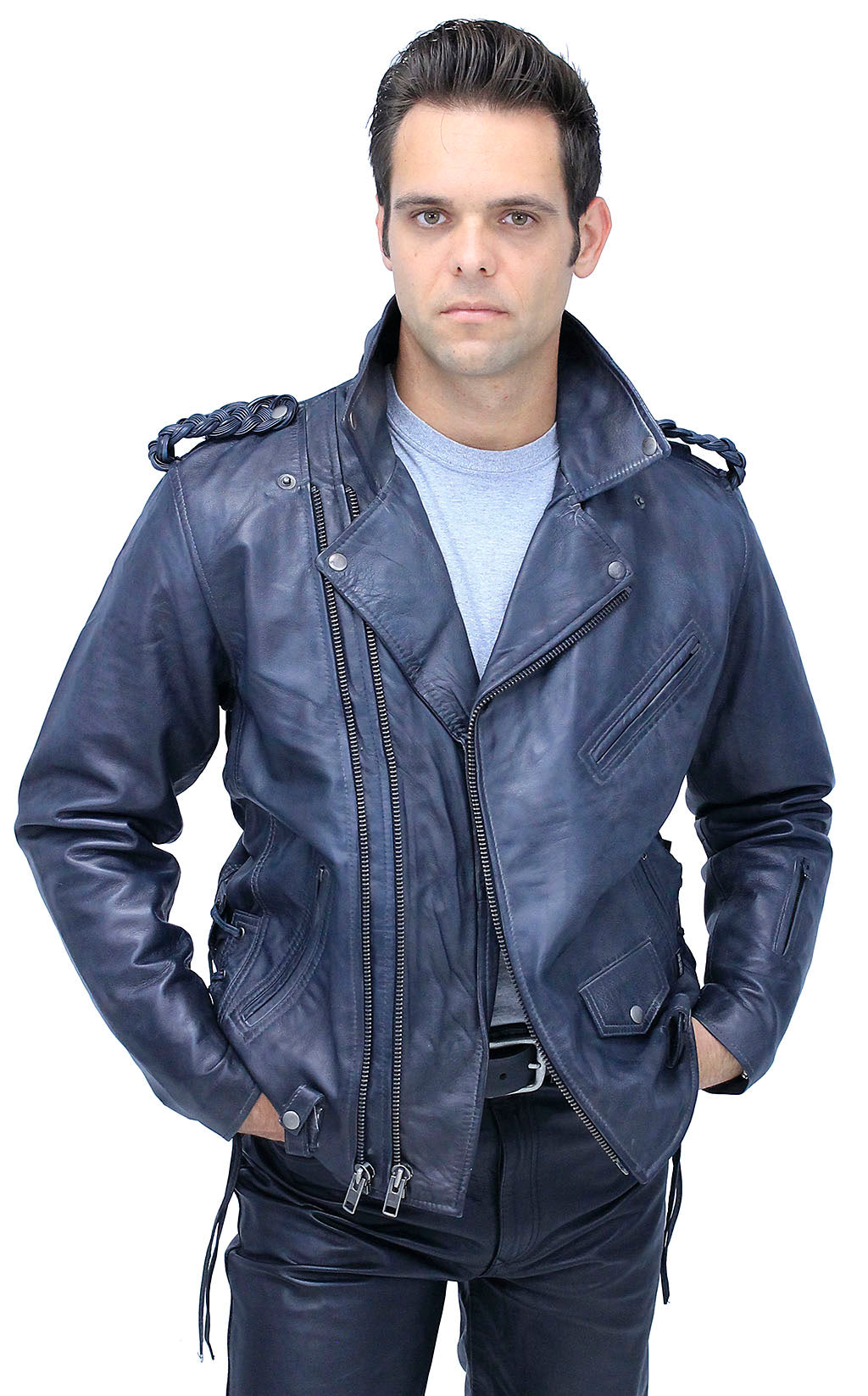 Men's Charcoal Gray Double Zip MC Leather Jacket #MA24800GGY