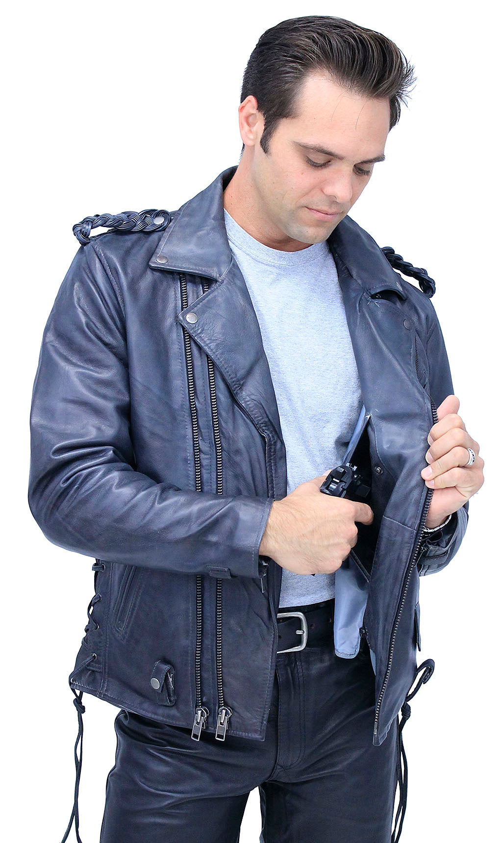 Men s Charcoal Gray Double Zip MC Leather Jacket MA24800GGY