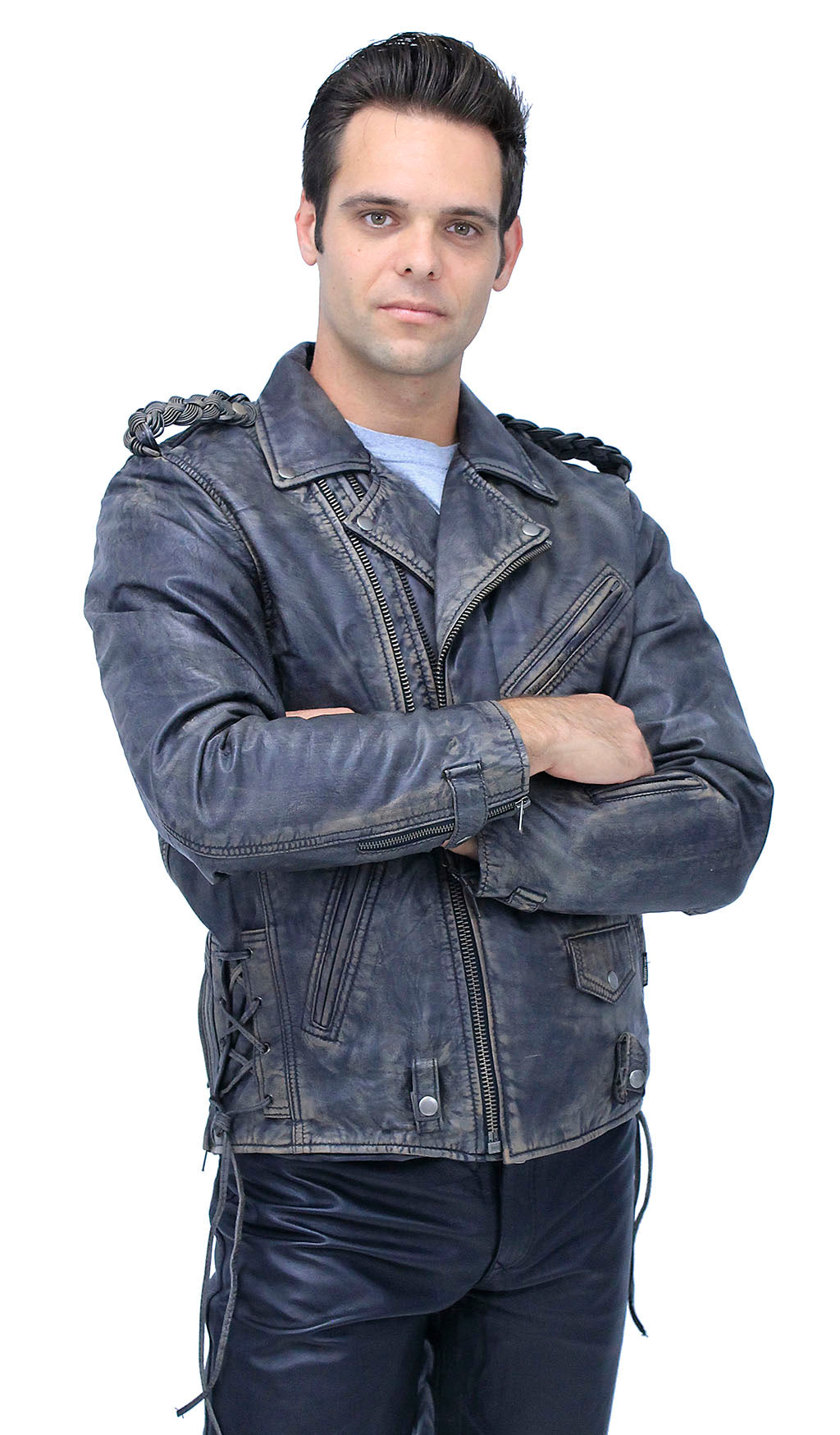 Men's Vintage Brown Double Zip MC Leather Jacket #MA24803GN