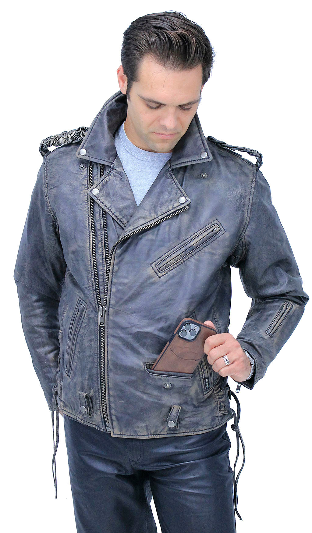 Men's Vintage Brown Double Zip MC Leather Jacket #MA24803GN