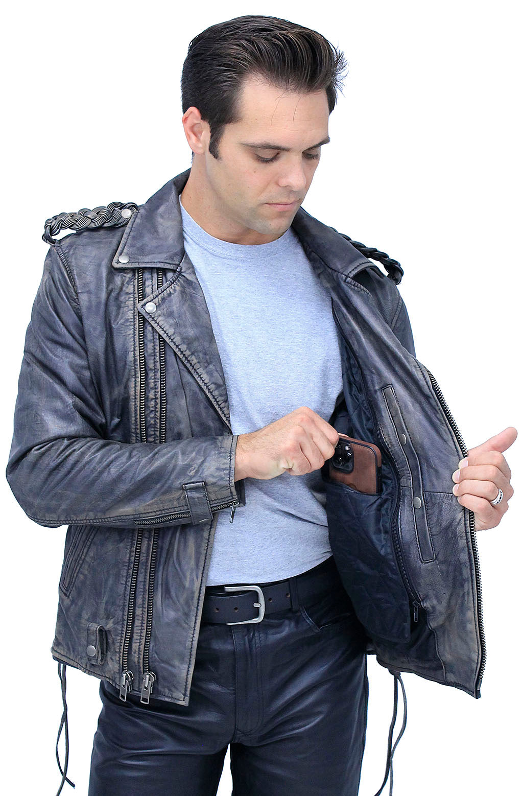 Men's Vintage Brown Double Zip MC Leather Jacket #MA24803GN