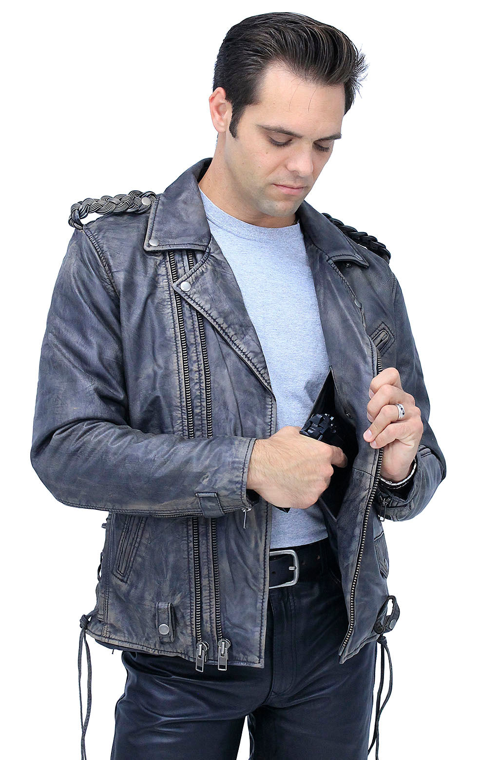 Men's Vintage Brown Double Zip MC Leather Jacket #MA24803GN