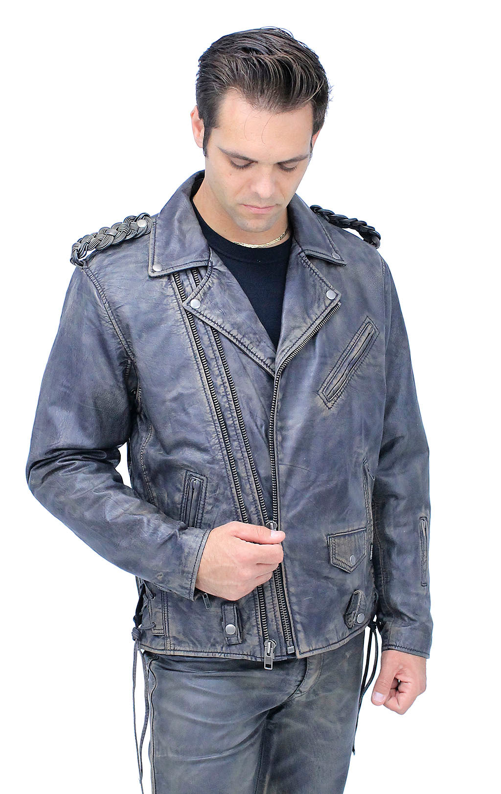 Men's Vintage Brown Double Zip MC Leather Jacket #MA24803GN