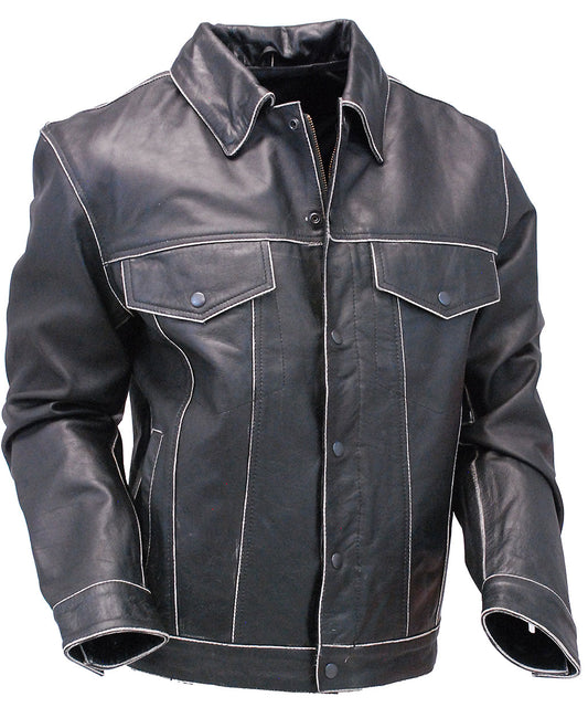 Black Vintage Leather Jean Jacket with Concealed Pockets #MA6643K