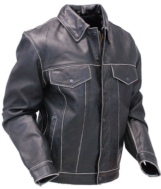 Black Vintage Leather Jean Jacket with Concealed Pockets #MA6643K
