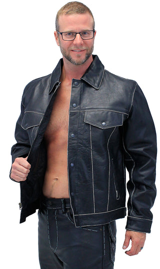 Black Vintage Leather Jean Jacket with Concealed Pockets #MA6643K (S-5X)