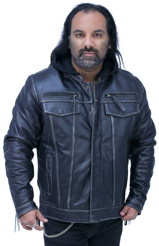 Men's Vented Concealed Pockets Vintage Black Jacket w/Hood #MA6905VHZK