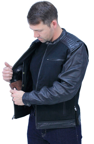 Men's Twill & Leather Café Racer Motorcycle Jacket #MC2600GK
