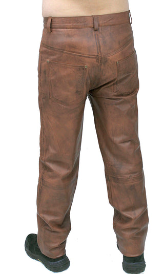 Men's Hand Antiqued Brown 5 Pocket Lambskin Leather Pants #MP5921N