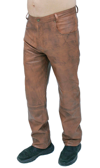 Men's Hand Antiqued Brown 5 Pocket Lambskin Leather Pants #MP5921N