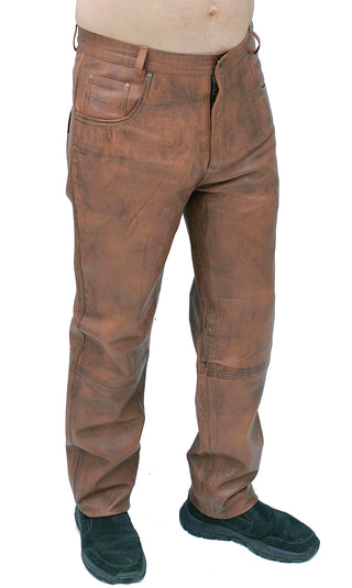Men's Hand Antiqued Brown 5 Pocket Lambskin Leather Pants #MP5921N