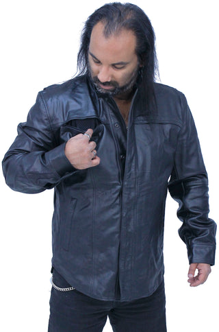Men's Vented Black Leather Shirt w/Easy Access Pocket #MS22070VGK