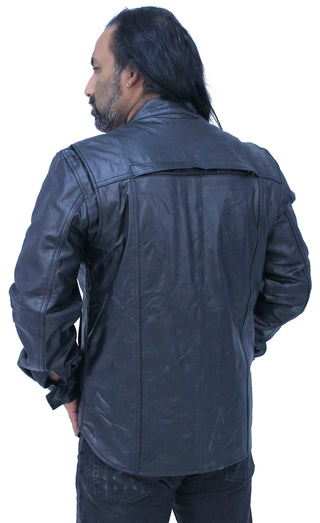 Men's Vented Black Leather Shirt w/Easy Access Pocket #MS22070VGK