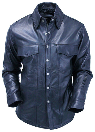 Men's Classic Black Leather Shirt with Zipper and Snaps #MS24804GK
