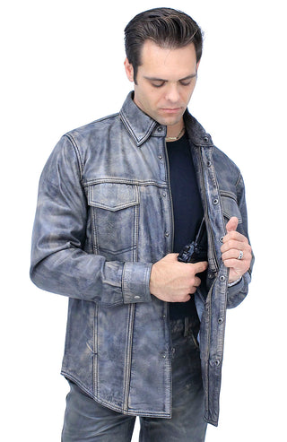 Men's Leather Shirt in Taupe/Black Vintage Lambskin #MS24807GK