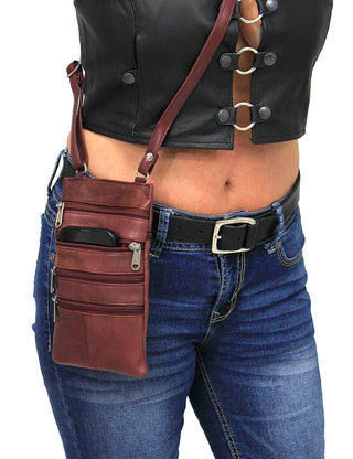 Tall Burgundy Leather 5 Zipper Cell Phone and Crossbody Purse #P10281BG