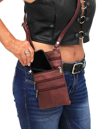 Tall Burgundy Leather 5 Zipper Cell Phone and Crossbody Purse #P10281BG