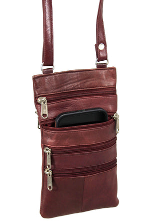 Tall Burgundy Leather 5 Zipper Cell Phone and Crossbody Purse #P10281BG