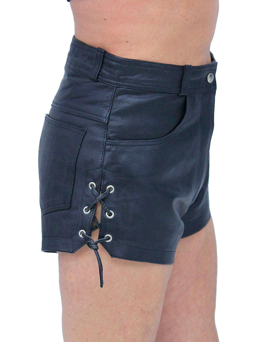 Women's Black Leather Booty Shorts W/Side Lace Cuff #SH1119LK ()