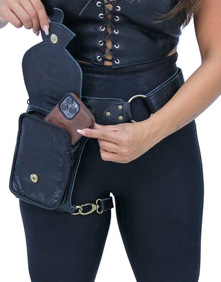 Black Heavy Leather Multi-D-Ring Thigh Bag Waistbag #TB70150DK