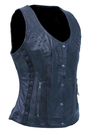 Women's Eyelet Lace Concealed Pocket Black Leather Vest #VL1038EYGK