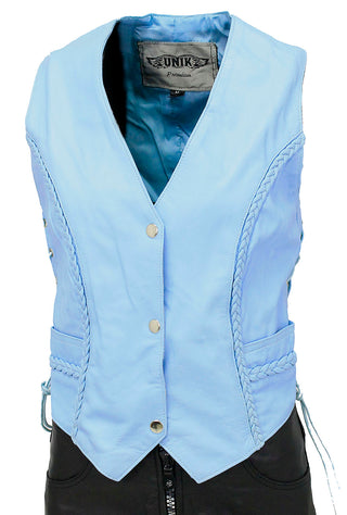 Blue Braid Trim Side Lace Leather Vest #VL2215BU ()