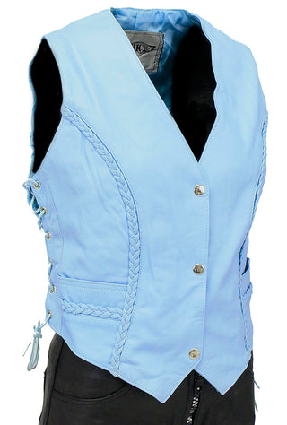 Blue Braid Trim Side Lace Leather Vest #VL2215BU ()