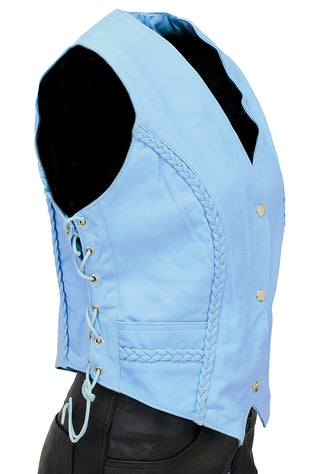 Blue Braid Trim Side Lace Leather Vest #VL2215BU ()