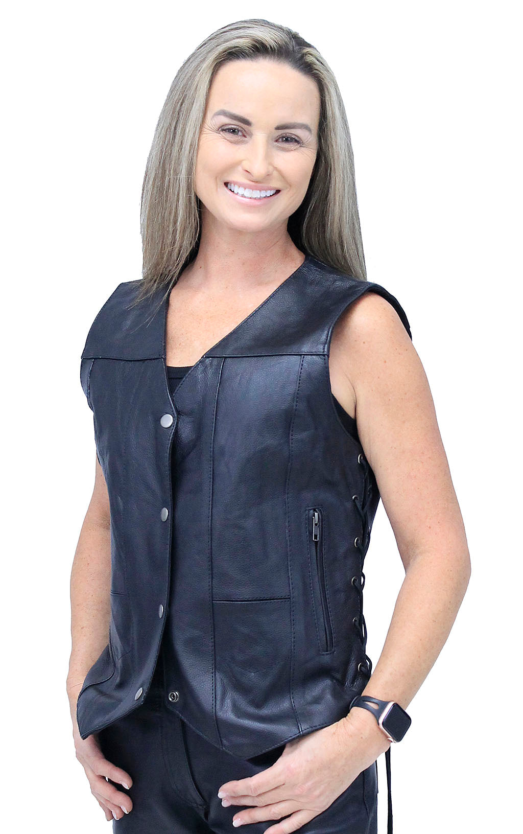 Women's Multi-Pocket Concealed Pocket Leather Vest #VL2675GLK