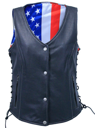 Flag Lined Women's Side Lace Leather Vest #VL6890USA ()