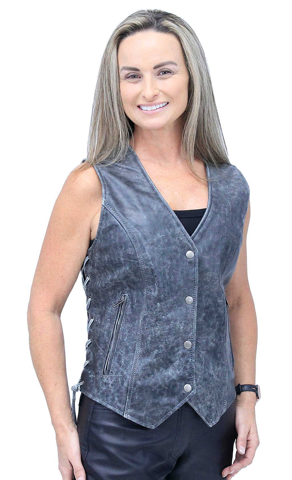 Vintage Gray Side Lace Leather Vest #VL6897LGY