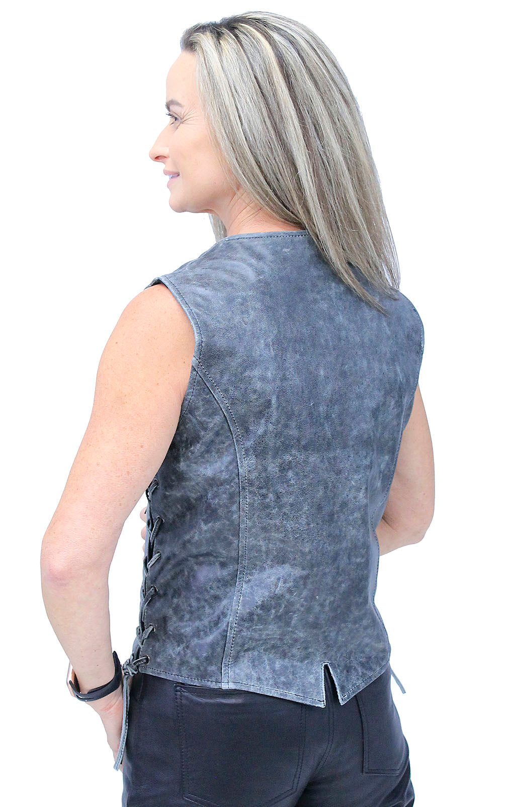 Vintage Gray Side Lace Leather Vest #VL6897LGY