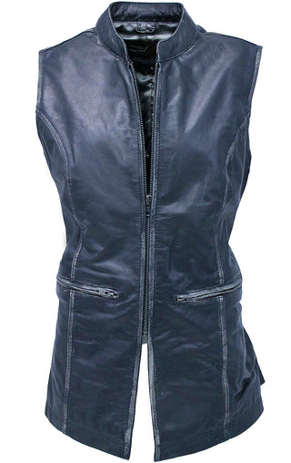 Extra Long Vintage Black Genuine Leather Zip Vest #VLA20091ZK ()