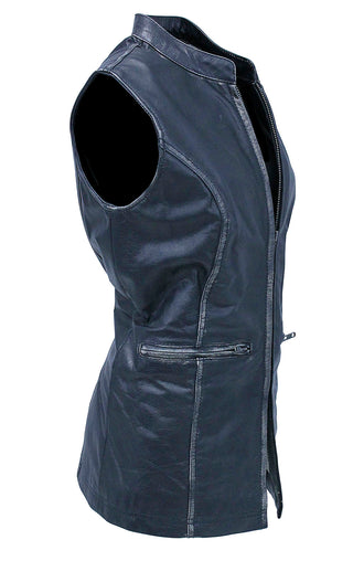 Extra Long Vintage Black Genuine Leather Zip Vest #VLA20091ZK ()