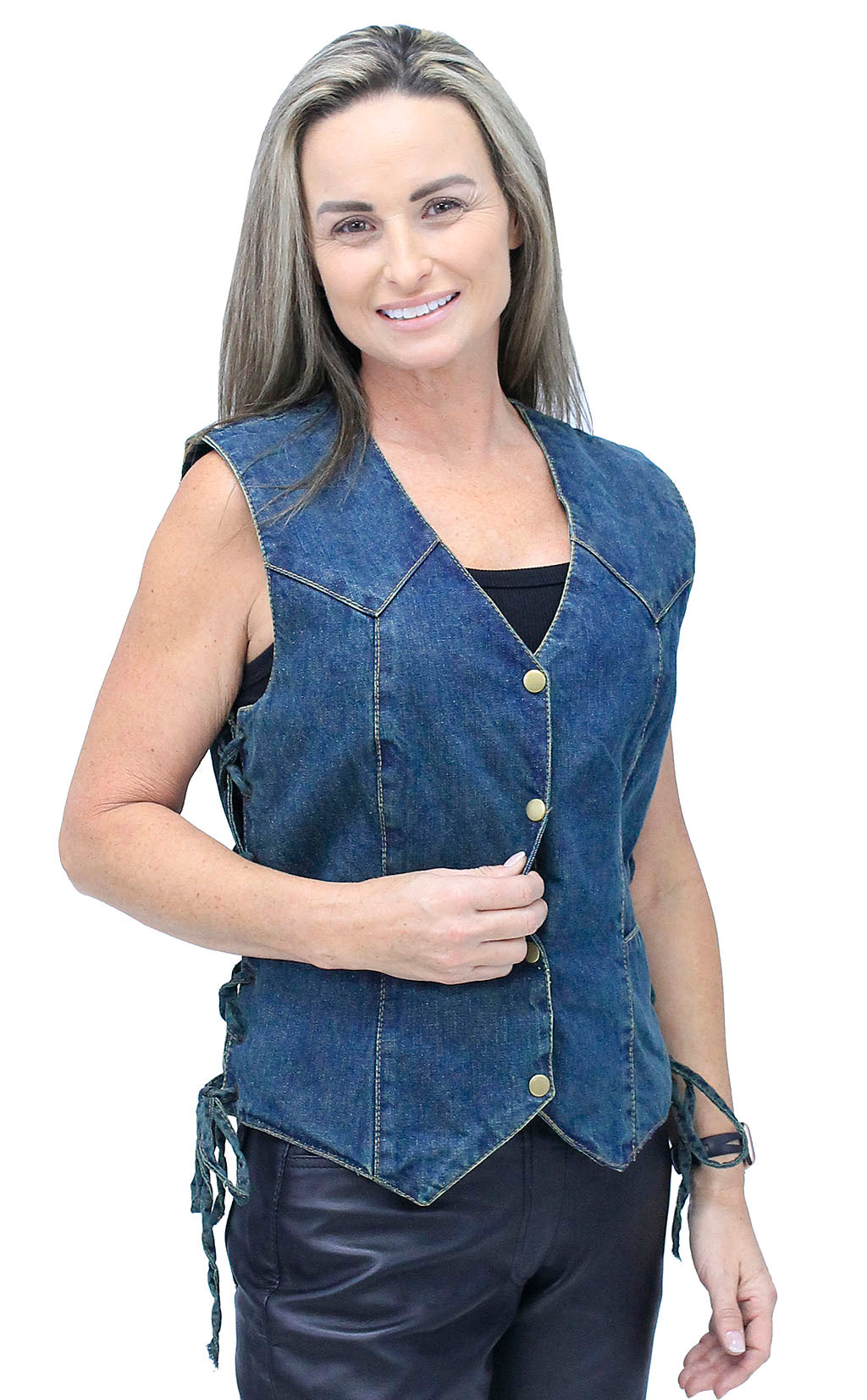 Women's Blue Denim Side Lace Biker Vest #VLC40012LU